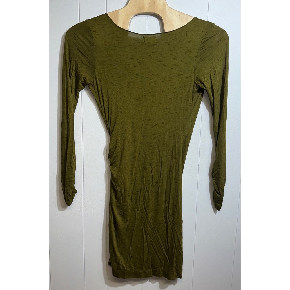MSSP Max Studio Olive Green Ruched Faux Wrap Mini Dress Long Sleeve Space Dye M‎ - Picture 6 of 6